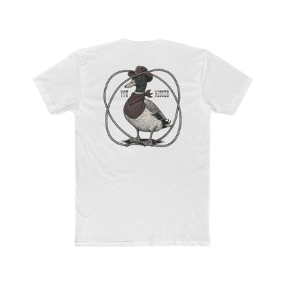 White t-shirt with a graphic of a duck wearing a cowboy hat and bandana with rope border and the words you missed #white