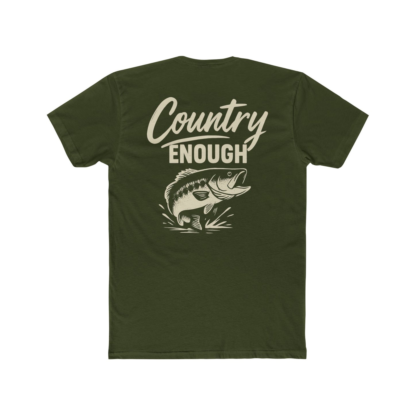 Military Green t-shirt with graphic of a leaping bass and the words country enough #militarygreen
