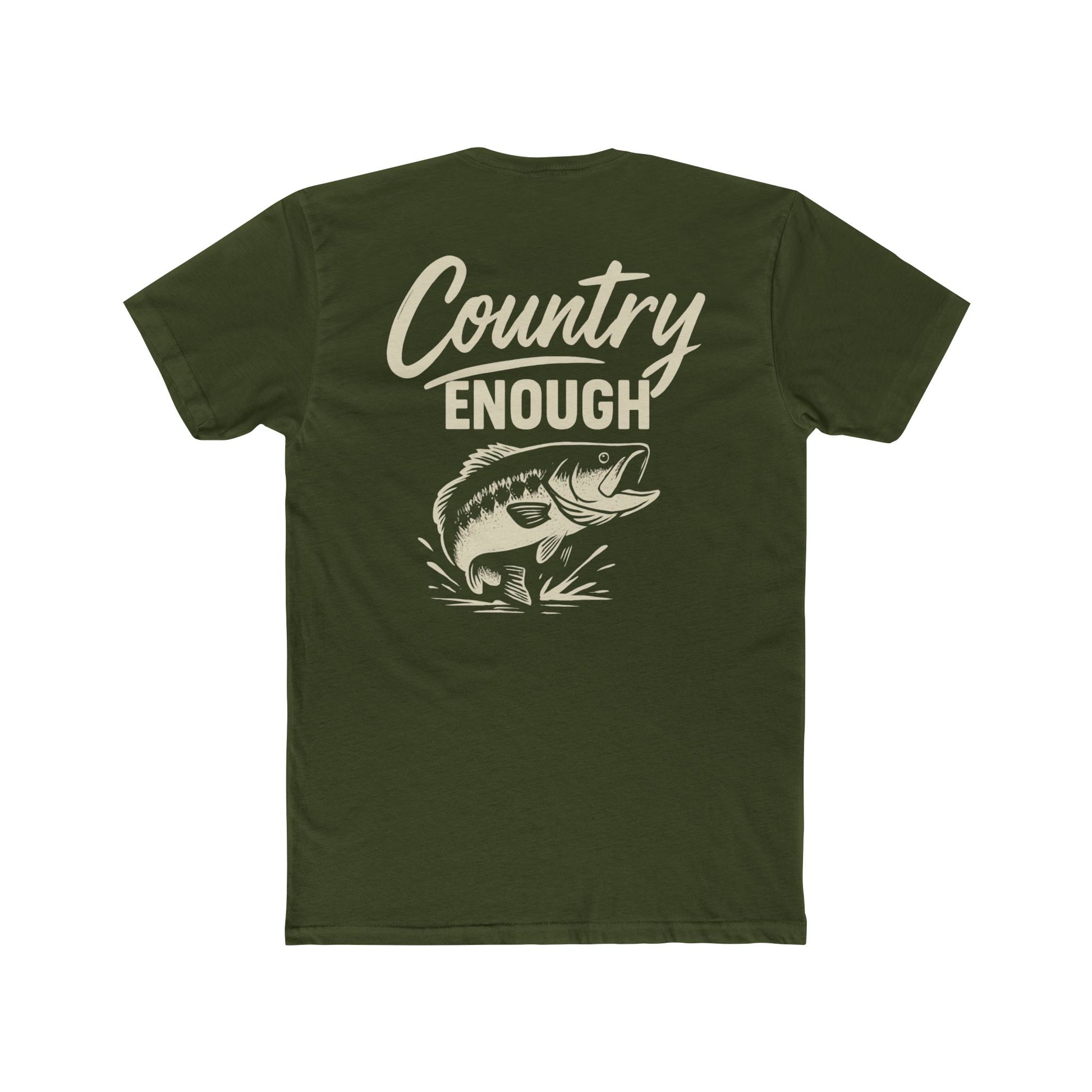 Military Green t-shirt with graphic of a leaping bass and the words country enough #militarygreen