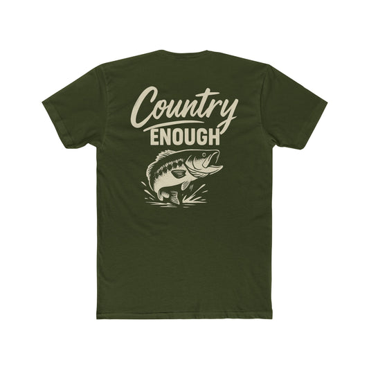 Military Green t-shirt with graphic of a leaping bass and the words country enough #militarygreen