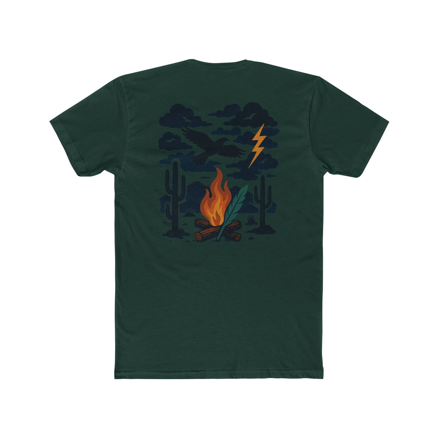 Forest Green t-shirt with graphic of clouds, lightning, bird, a campfire, cacti in a desert landscape #forestgreen