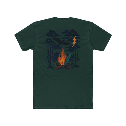 Forest Green t-shirt with graphic of clouds, lightning, bird, a campfire, cacti in a desert landscape #forestgreen