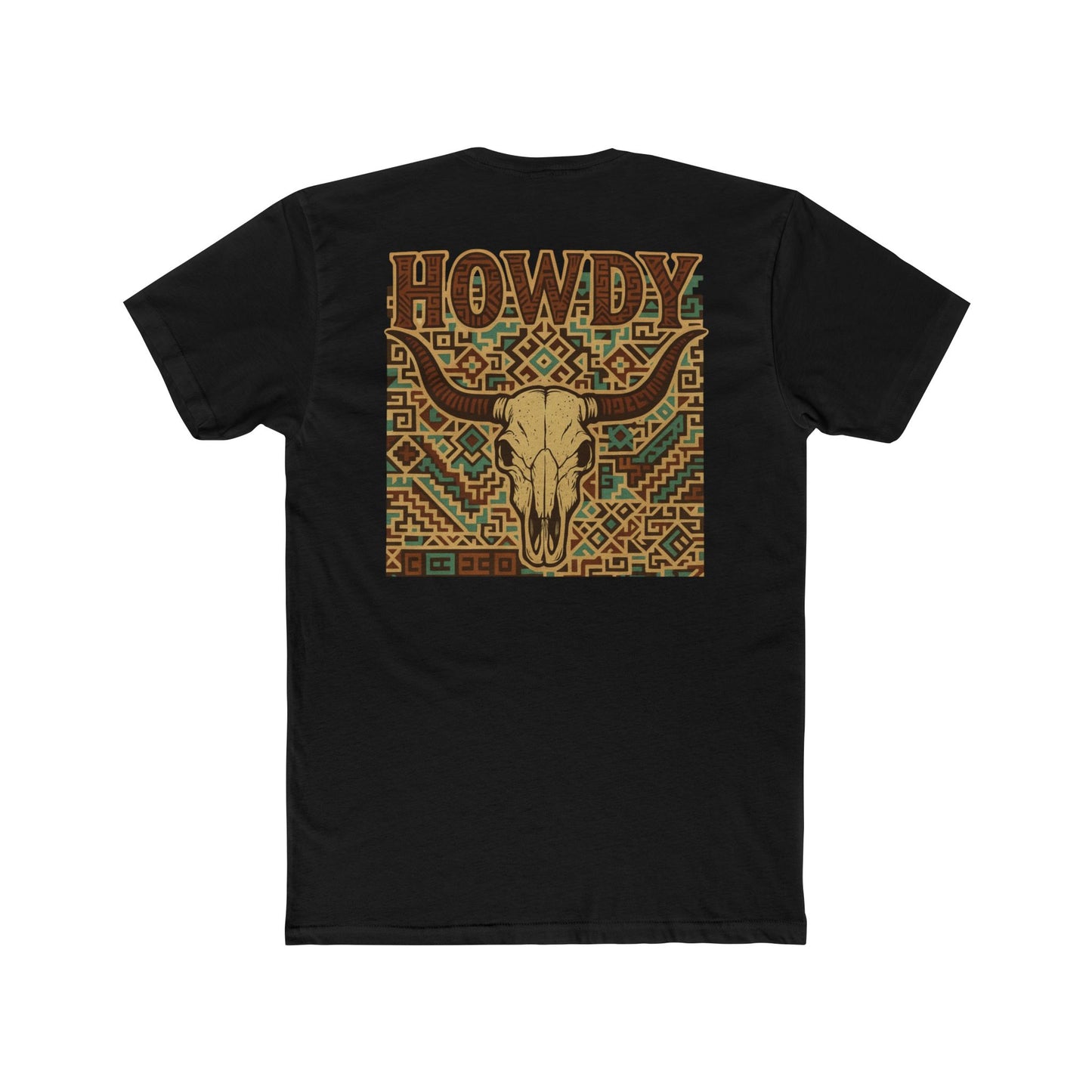 Black t-shirt with graphic of aztec patter, bull skull, and the word howdy across the top #black