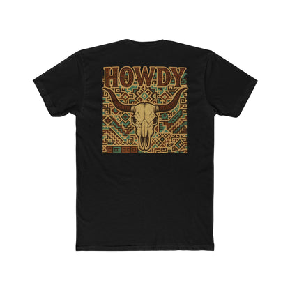 Black t-shirt with graphic of aztec patter, bull skull, and the word howdy across the top #black