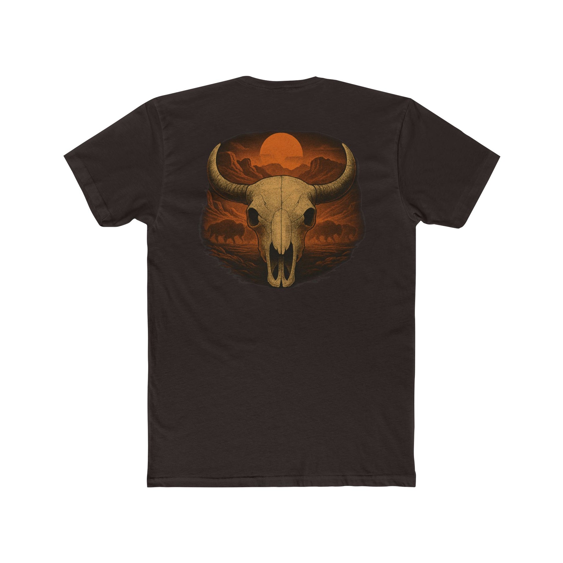 Dark Brown t-shirt with graphic of bison skull, bison silhouettes, valley landscape, and a sun #darkbrown