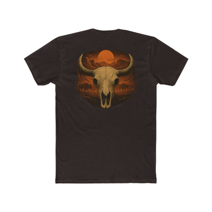 Dark Brown t-shirt with graphic of bison skull, bison silhouettes, valley landscape, and a sun #darkbrown