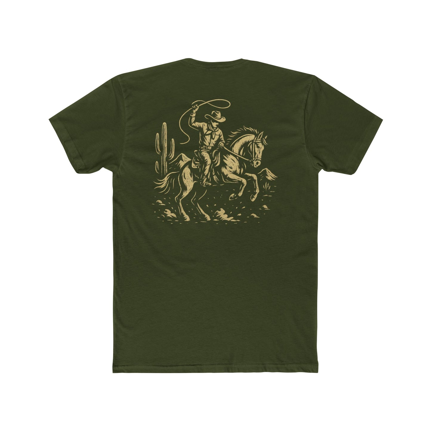 Military Green t-shirt with graphic of monochrome horse rider, lasso, and western landscape #militarygreen