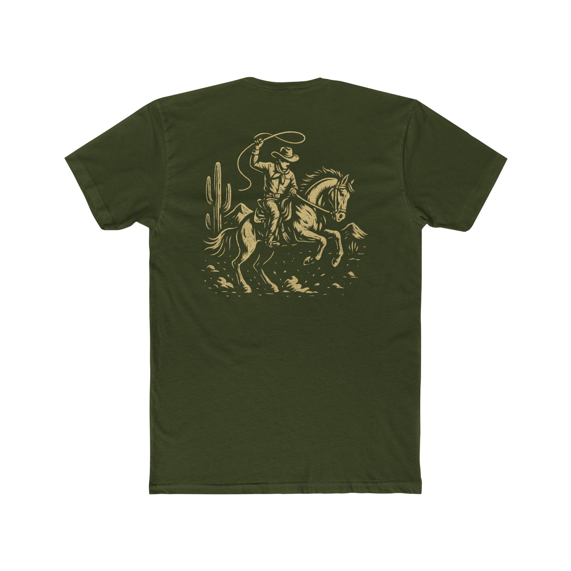 Military Green t-shirt with graphic of monochrome horse rider, lasso, and western landscape #militarygreen