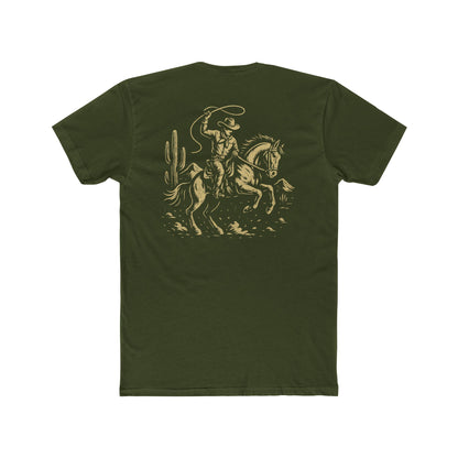 Military Green t-shirt with graphic of monochrome horse rider, lasso, and western landscape #militarygreen