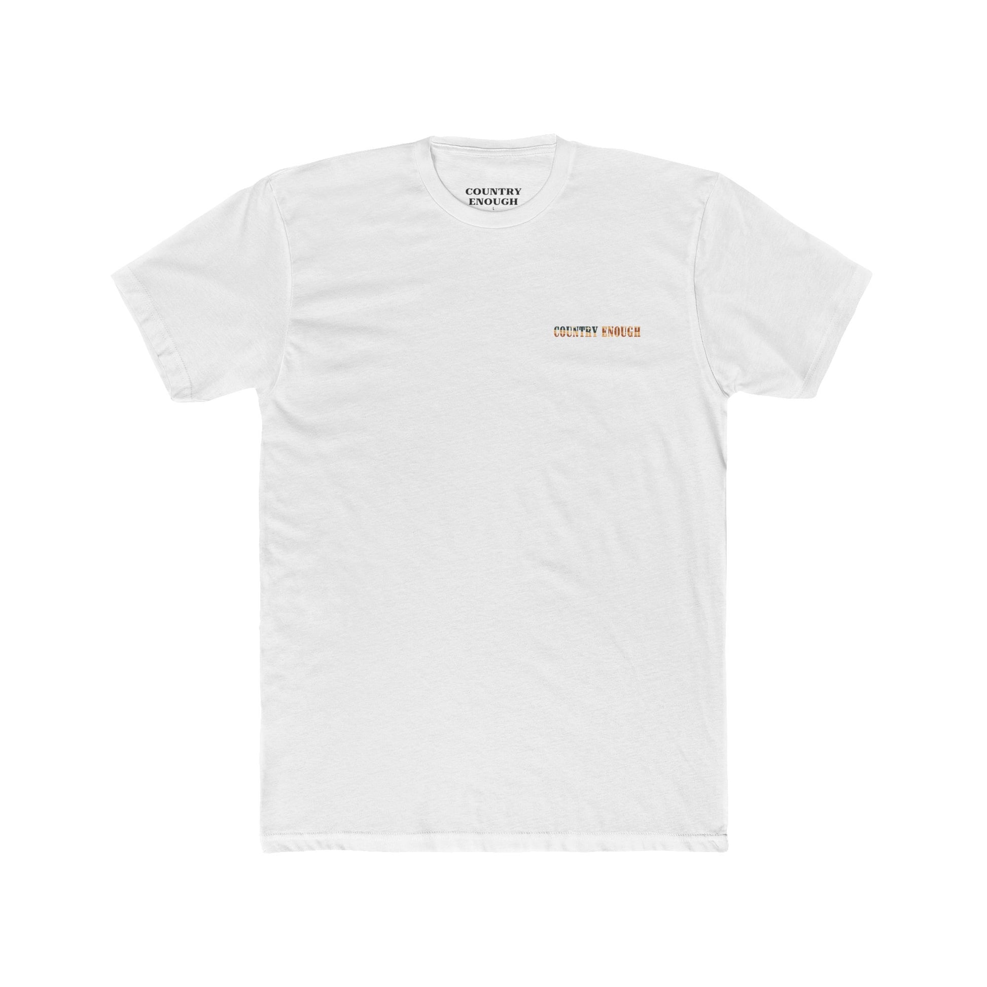 White t-shirt with graphic of western horse and rider holding the American flag in the desert with cacti at sunset #white