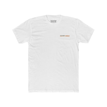 White t-shirt with graphic of western horse and rider holding the American flag in the desert with cacti at sunset #white