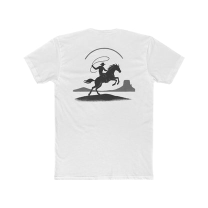 White t-shirt with graphic of silhouetted cowboy lassoing and desert landscape #white
