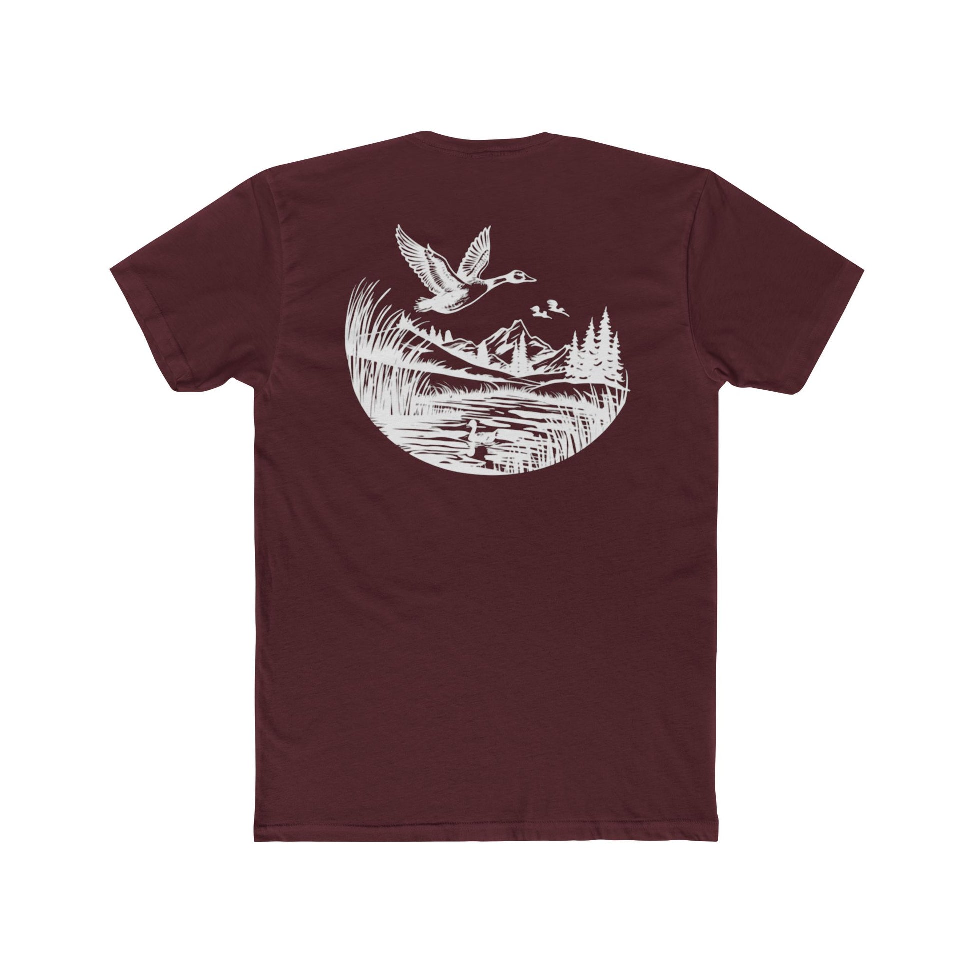 Maroon t-shirt with graphic of a duck, mountains, pine trees, and a lake #maroon