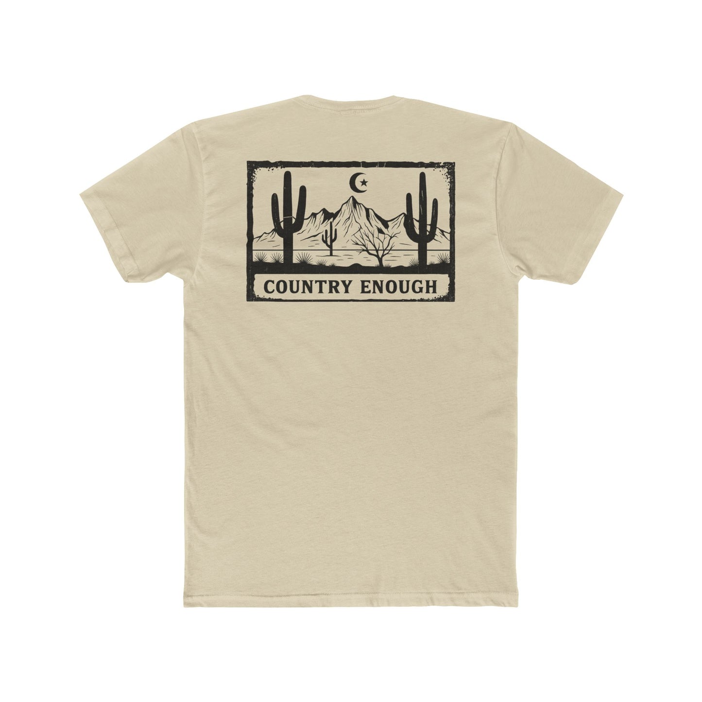 Cream t-shirt with graphic of mountains, cacti, and moon and star over a desert landscape with words country enough #cream