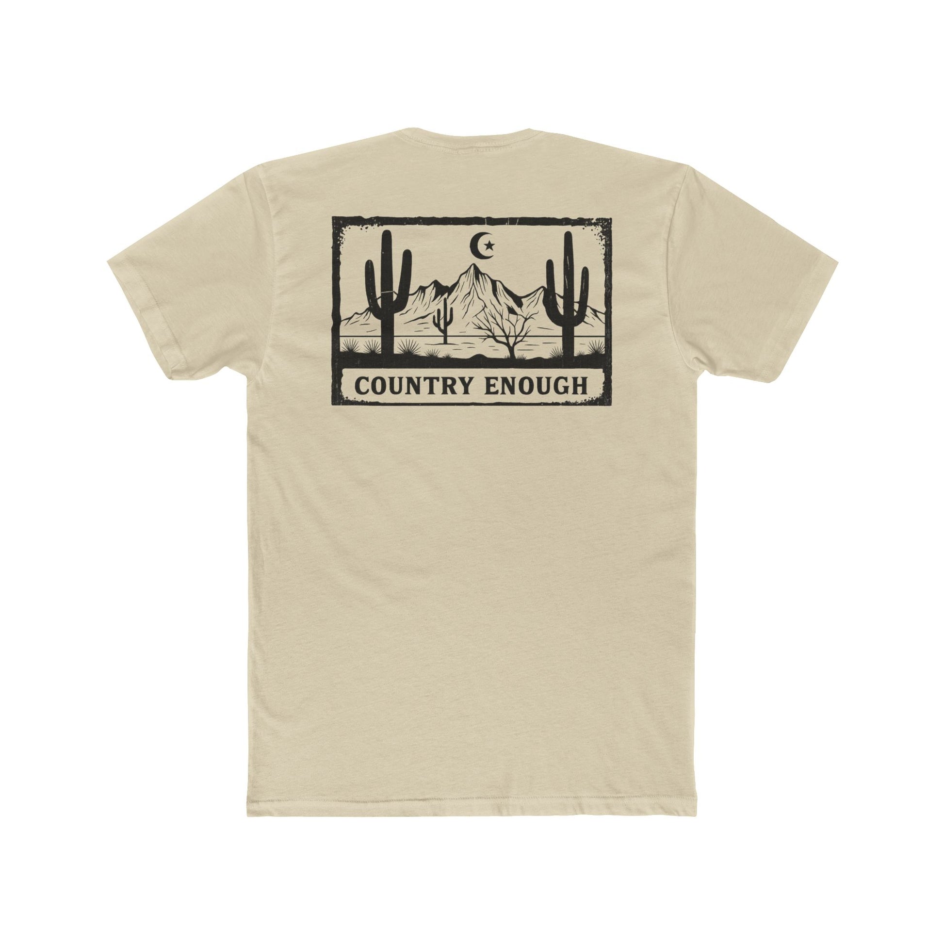Cream t-shirt with graphic of mountains, cacti, and moon and star over a desert landscape with words country enough #cream
