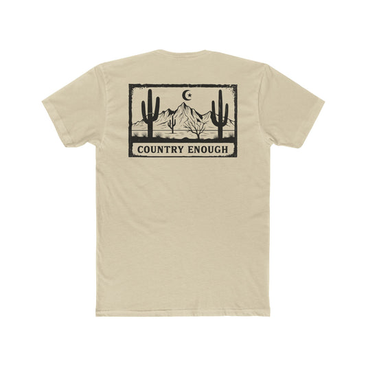 Cream t-shirt with graphic of mountains, cacti, and moon and star over a desert landscape with words country enough #cream