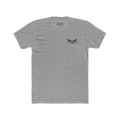 Gray t-shirt featuring graphic of an eagle, mountains, and the words American Frontier Est 1776 #gray