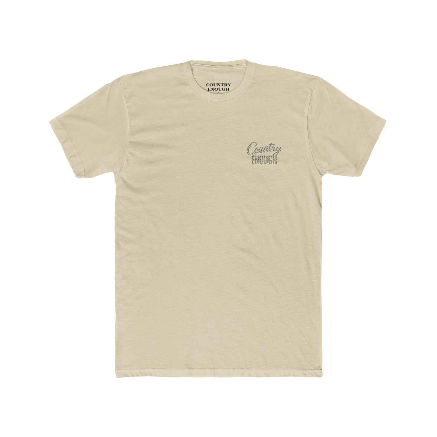 Cream t-shirt with graphic of the words country enough shaped with fish #cream