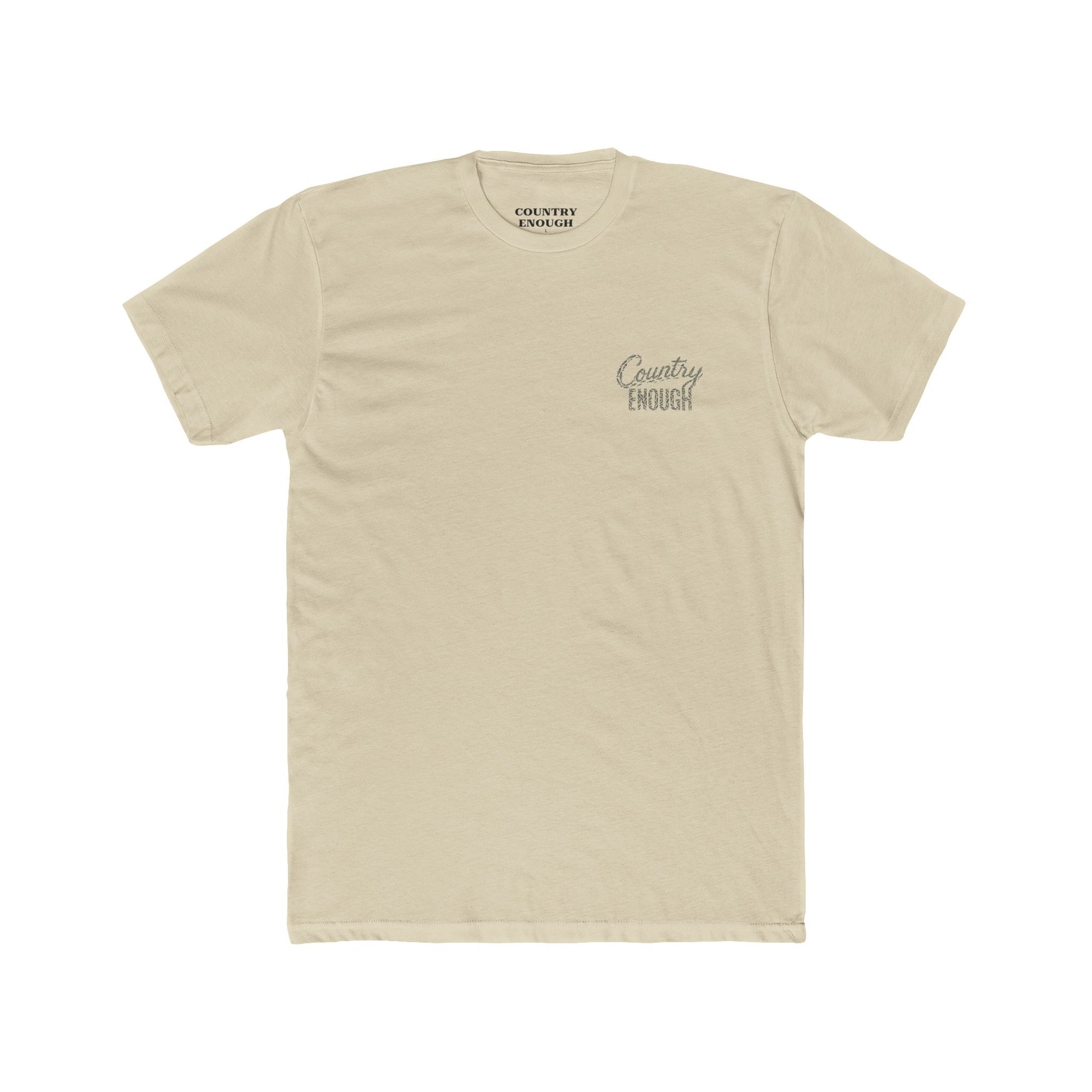 Cream t-shirt with graphic of the words country enough shaped with fish #cream