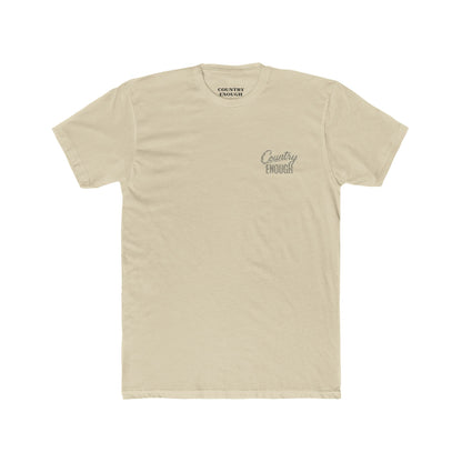 Cream t-shirt with graphic of the words country enough shaped with fish #cream