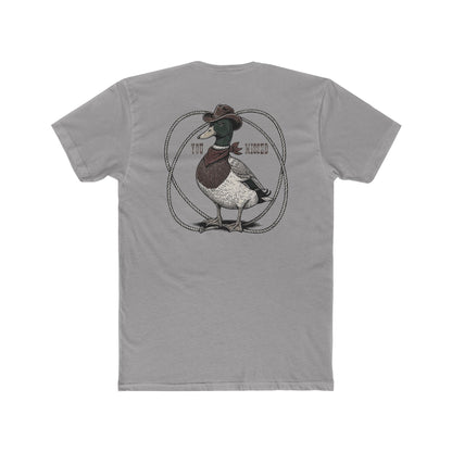 Gray t-shirt with a graphic of a duck wearing a cowboy hat and bandana with rope border and the words you missed #gray