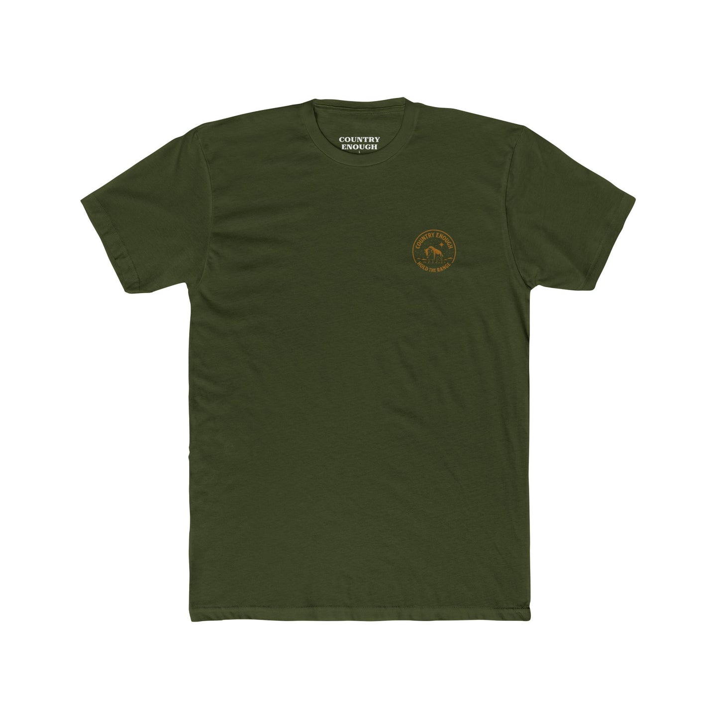 Military Green T-Shirt with a bison, starry sky, and the words hold the range encompassed with a geometric border #militarygreen