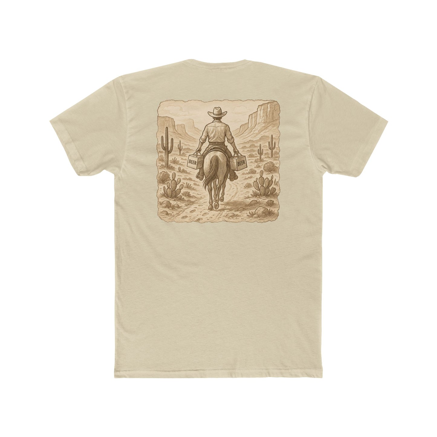 Cream t-shirt with graphic of cowboy riding a horse through the desert holding two twelve packs of beer #cream