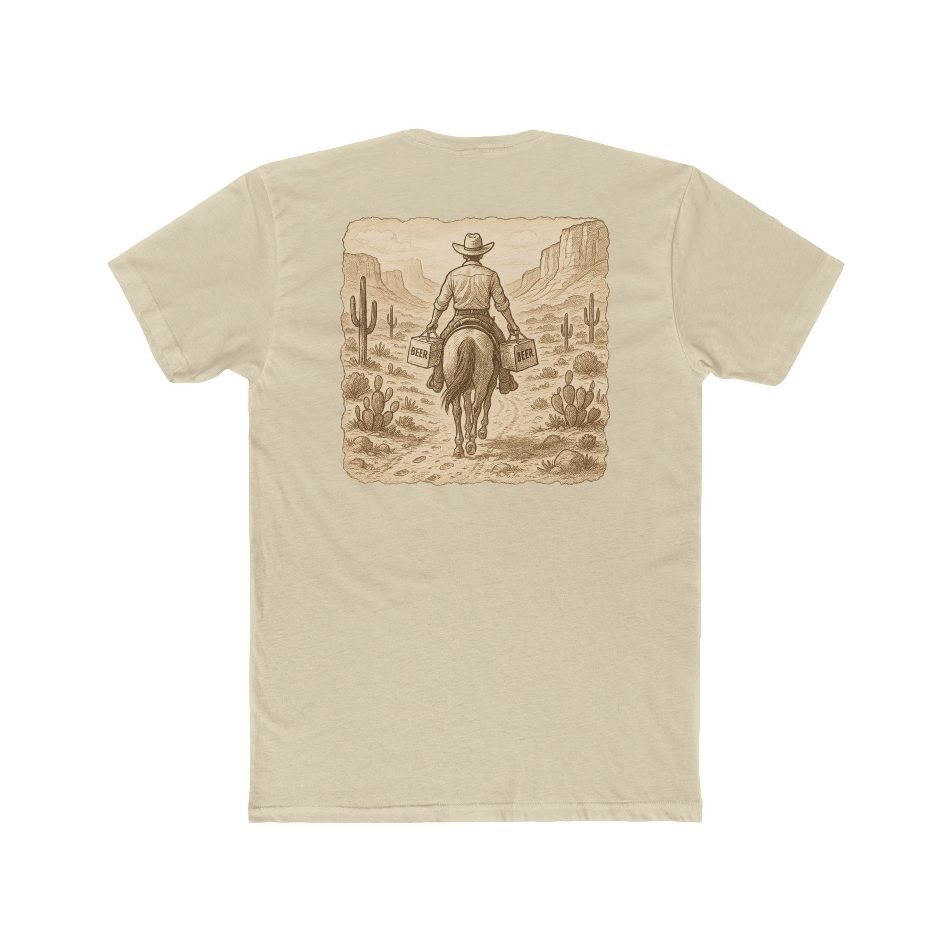 Cream t-shirt with graphic of cowboy riding a horse through the desert holding two twelve packs of beer #cream
