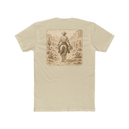 Cream t-shirt with graphic of cowboy riding a horse through the desert holding two twelve packs of beer #cream