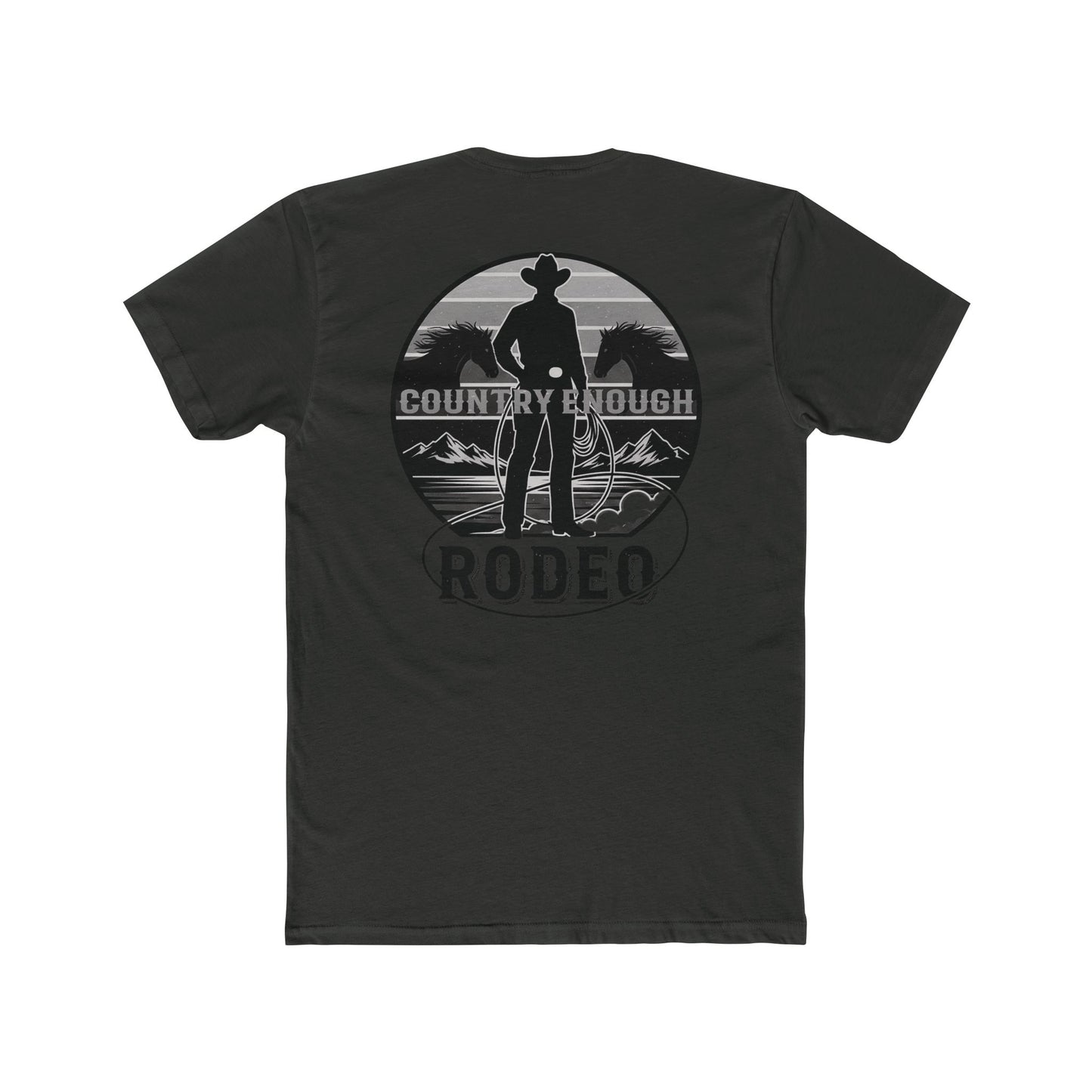 Vintage Black t-shirt with words country enough and rodeo, a cowboy silhouette, horses, lasso and mountains #vintageblack
