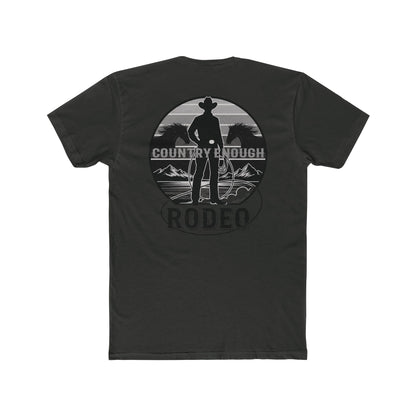 Vintage Black t-shirt with words country enough and rodeo, a cowboy silhouette, horses, lasso and mountains #vintageblack