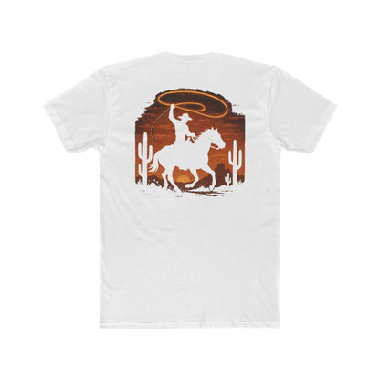 White t-shirt with graphic of a cowboy twirling his lasso on a desert landscape at sundown #white