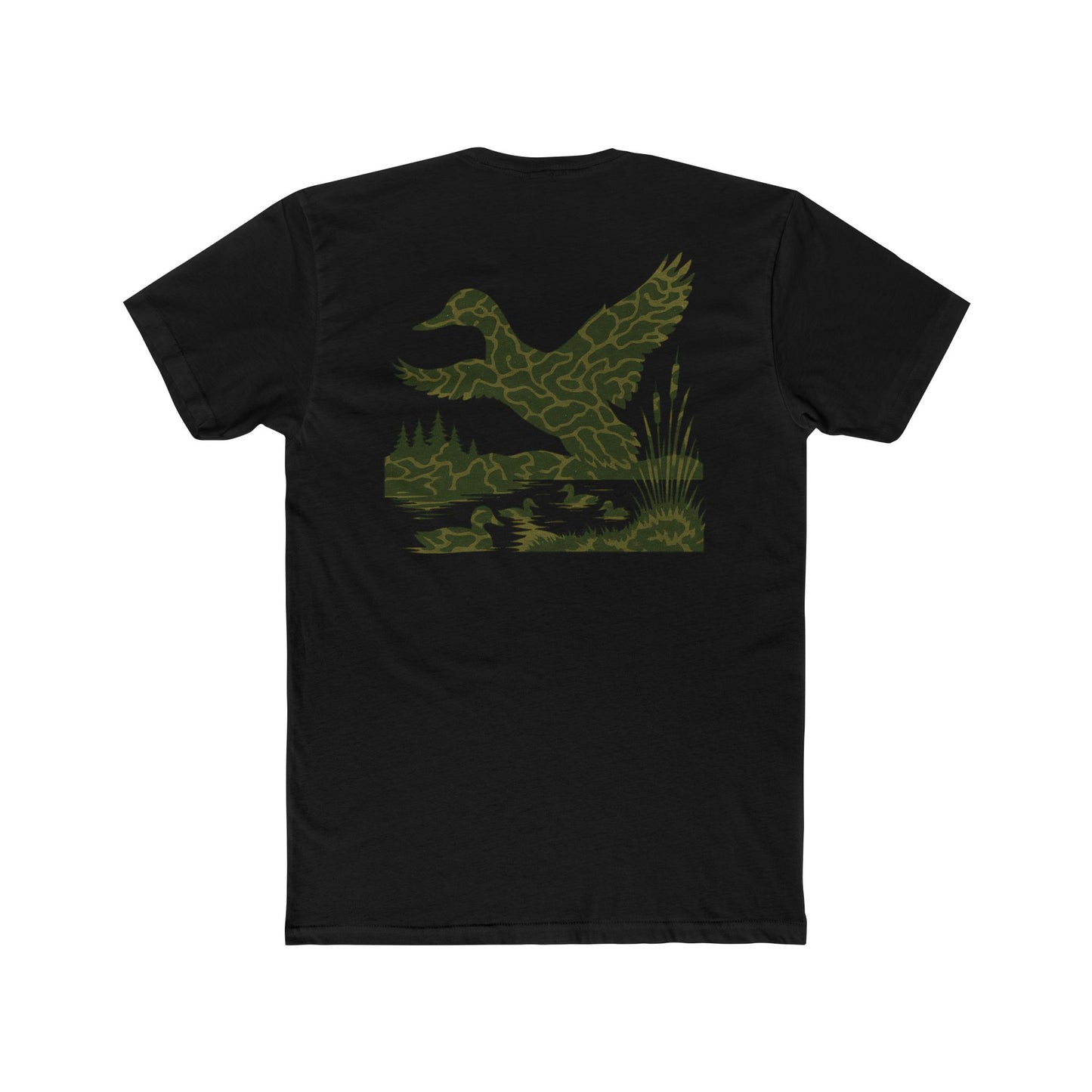 Black t-shirt with flying & swimming ducks in a full camo marsh scene #black