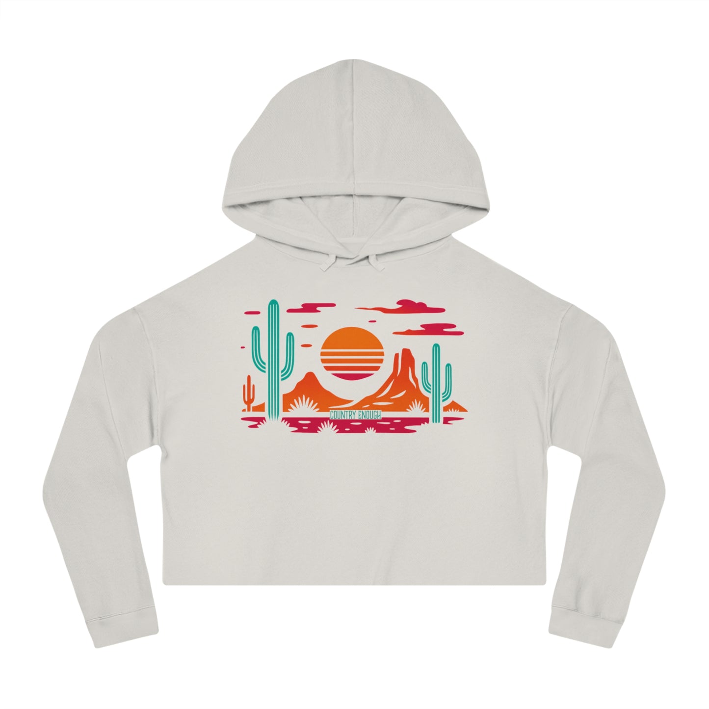 Bone hoodie with a vibrant Southwestern landscape, cacti & mountains graphic #bone