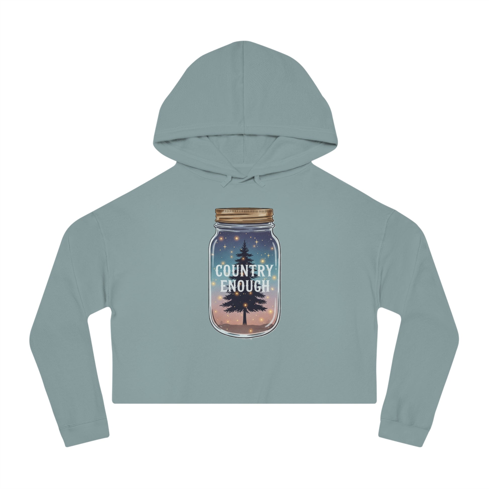 Mineral crop hoodie with mason jar, pine trees, and stars graphic #mineral