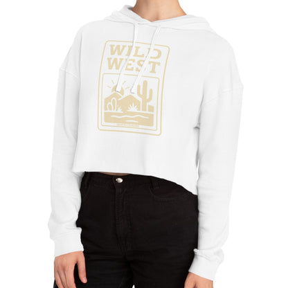 White hoodie with sunset, desert landscape, and wild west text graphic #white