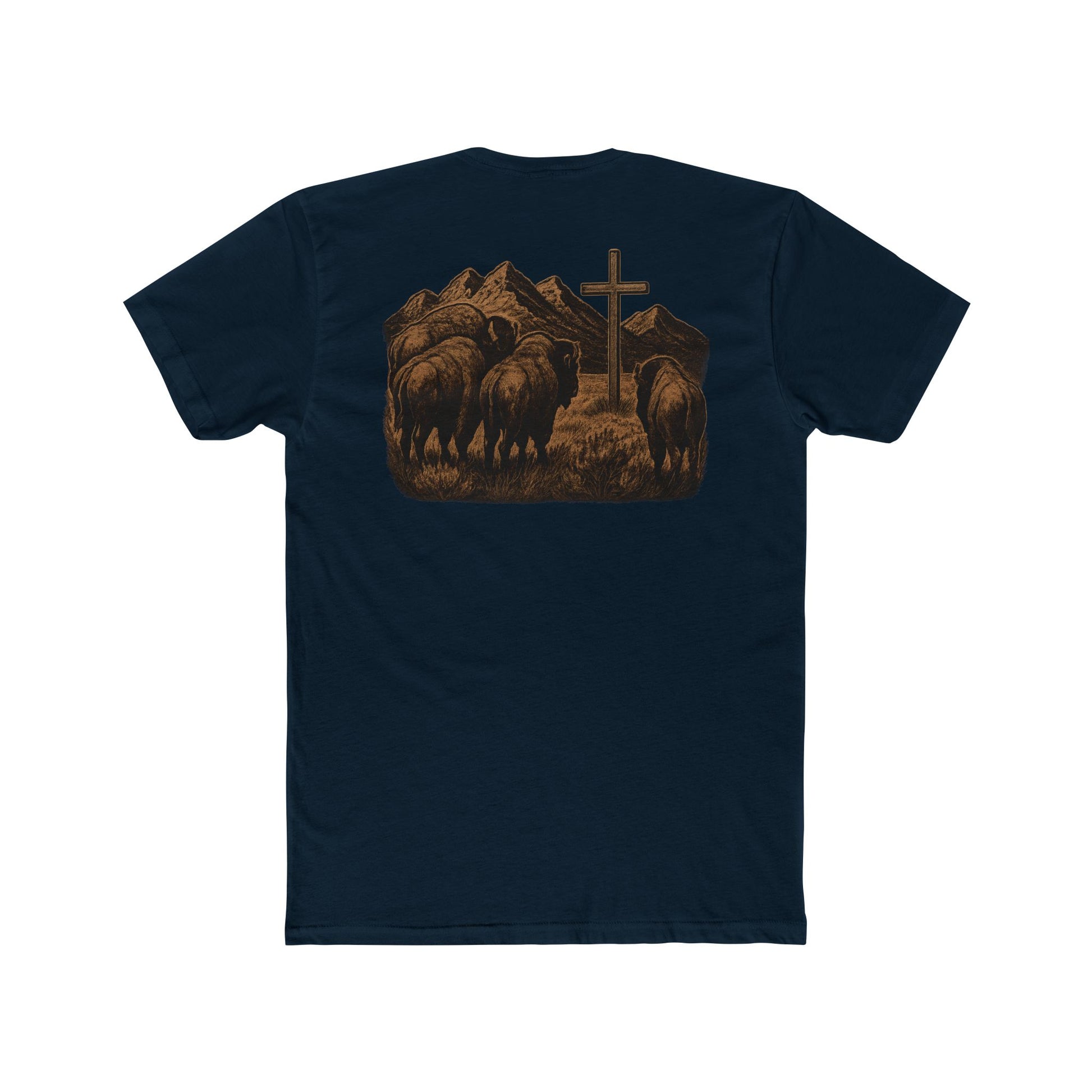 Midnight Navy t-shirt with bison staring at a cross on the plains by the mountains #midnightnavy