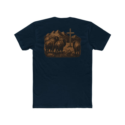Midnight Navy t-shirt with bison staring at a cross on the plains by the mountains #midnightnavy