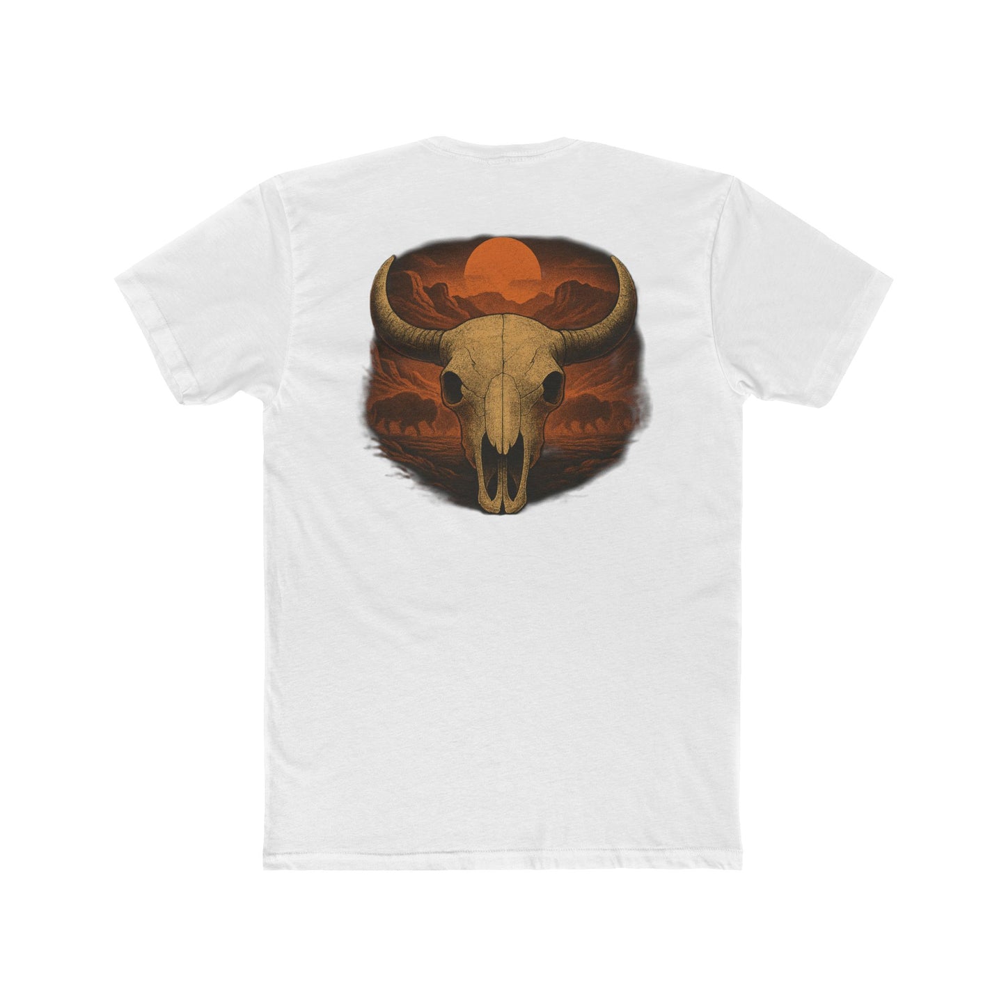 White t-shirt with graphic of bison skull, bison silhouettes, valley landscape, and a sun #white