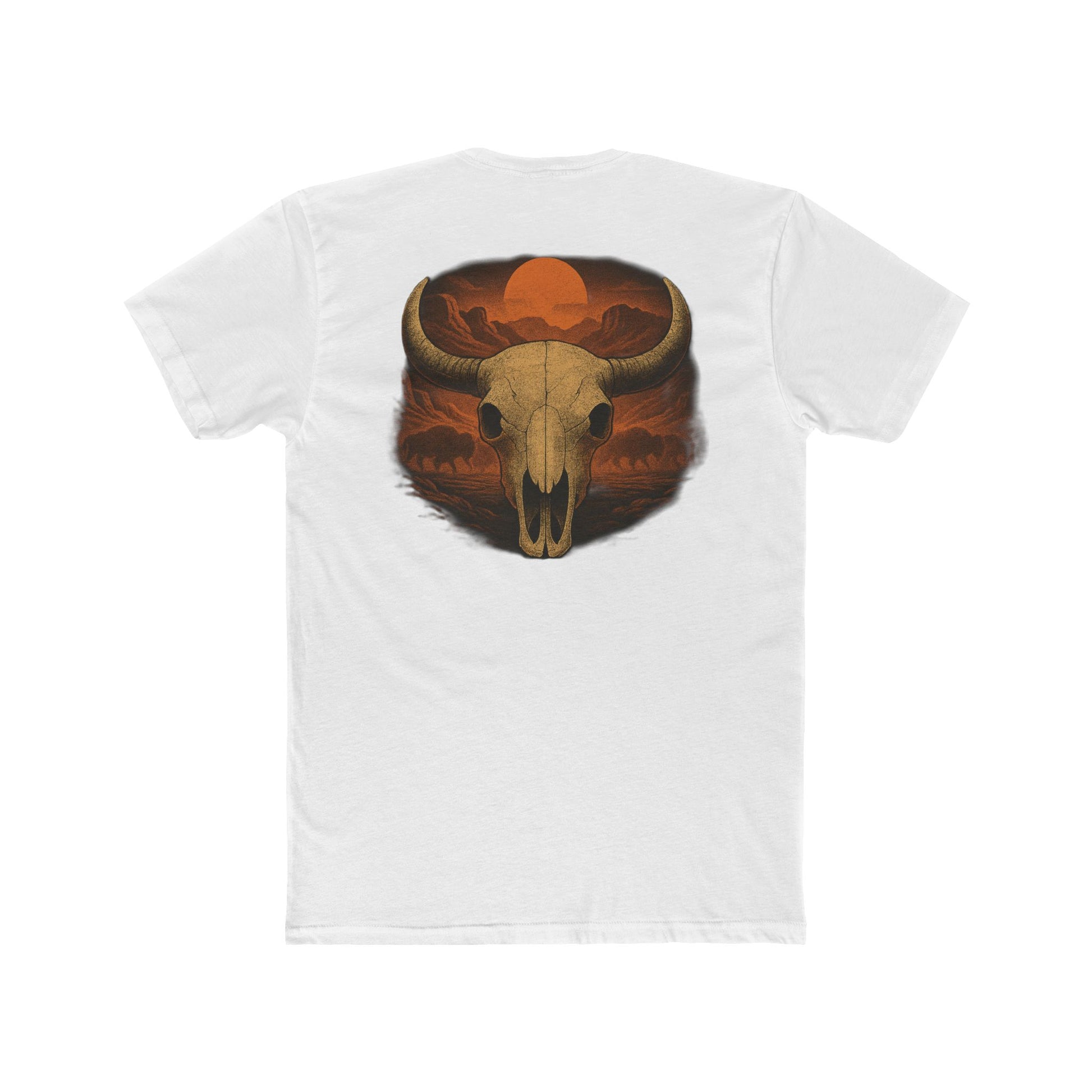 White t-shirt with graphic of bison skull, bison silhouettes, valley landscape, and a sun #white