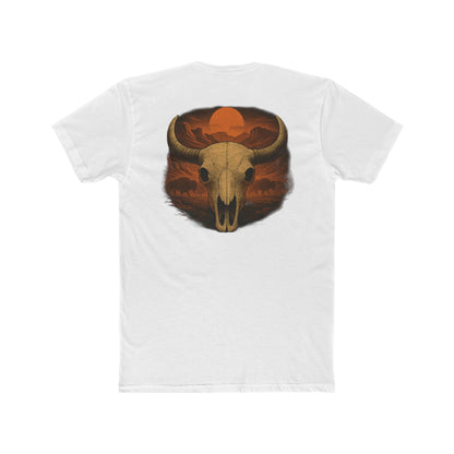 White t-shirt with graphic of bison skull, bison silhouettes, valley landscape, and a sun #white