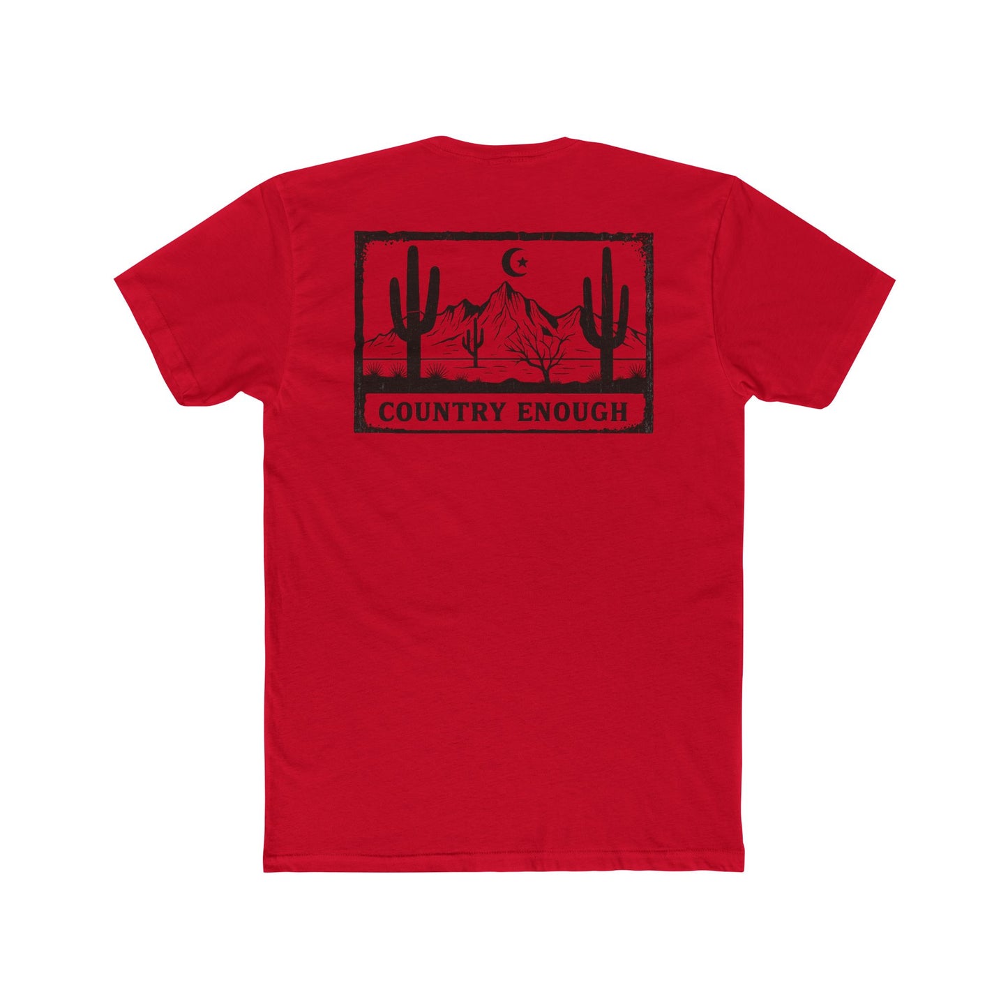 Red t-shirt with graphic of mountains, cacti, and moon and star over a desert landscape with words country enough #red