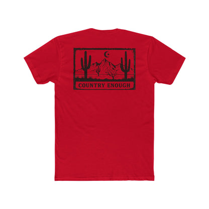 Red t-shirt with graphic of mountains, cacti, and moon and star over a desert landscape with words country enough #red