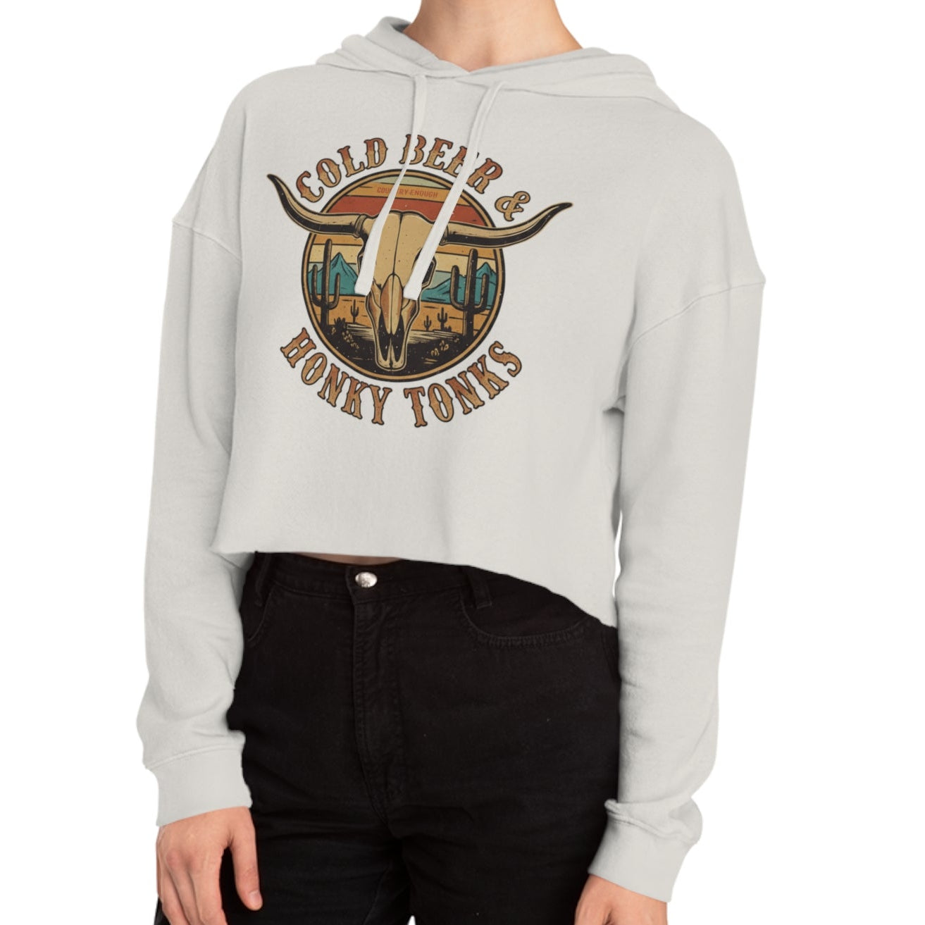 Bone crop hoodie with graphic of longhorn, cacti, and mountains over a retro background with words cold beer and honky tonks #bone