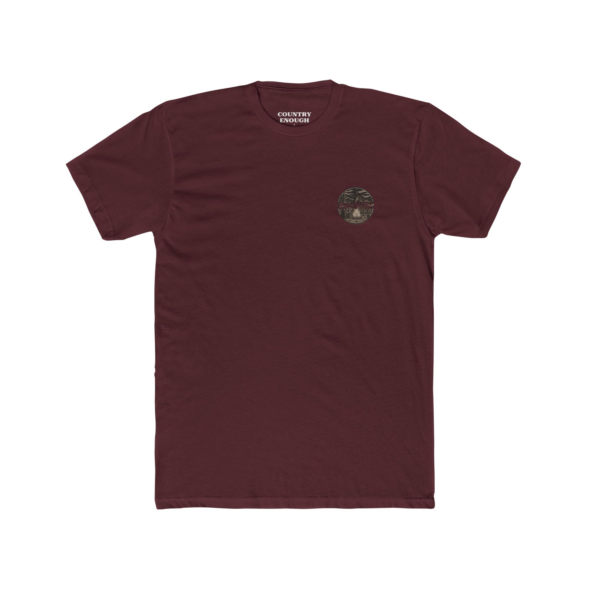 Maroon t-shirt with graphic of cowboy and horse sitting at a campfire in a desert landscape #maroon