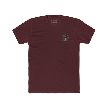 Maroon t-shirt with graphic of cowboy and horse sitting at a campfire in a desert landscape #maroon