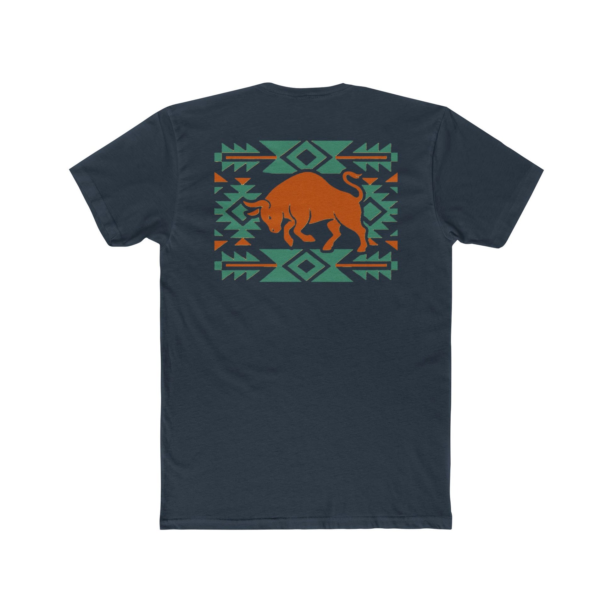 Indigo t-shirt with graphic of charging bull surround by aztec pattern #indigo