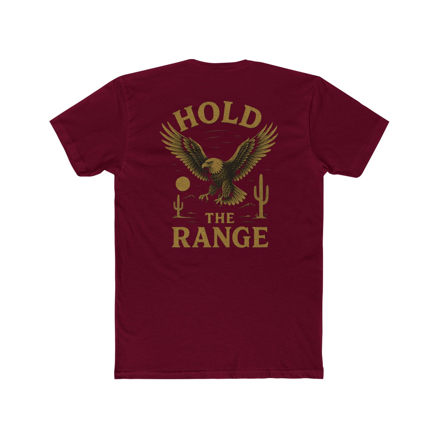 Cardinal Red t-shirt with graphic of an eagle, desert landscape, and the words hold the range #cardinalred