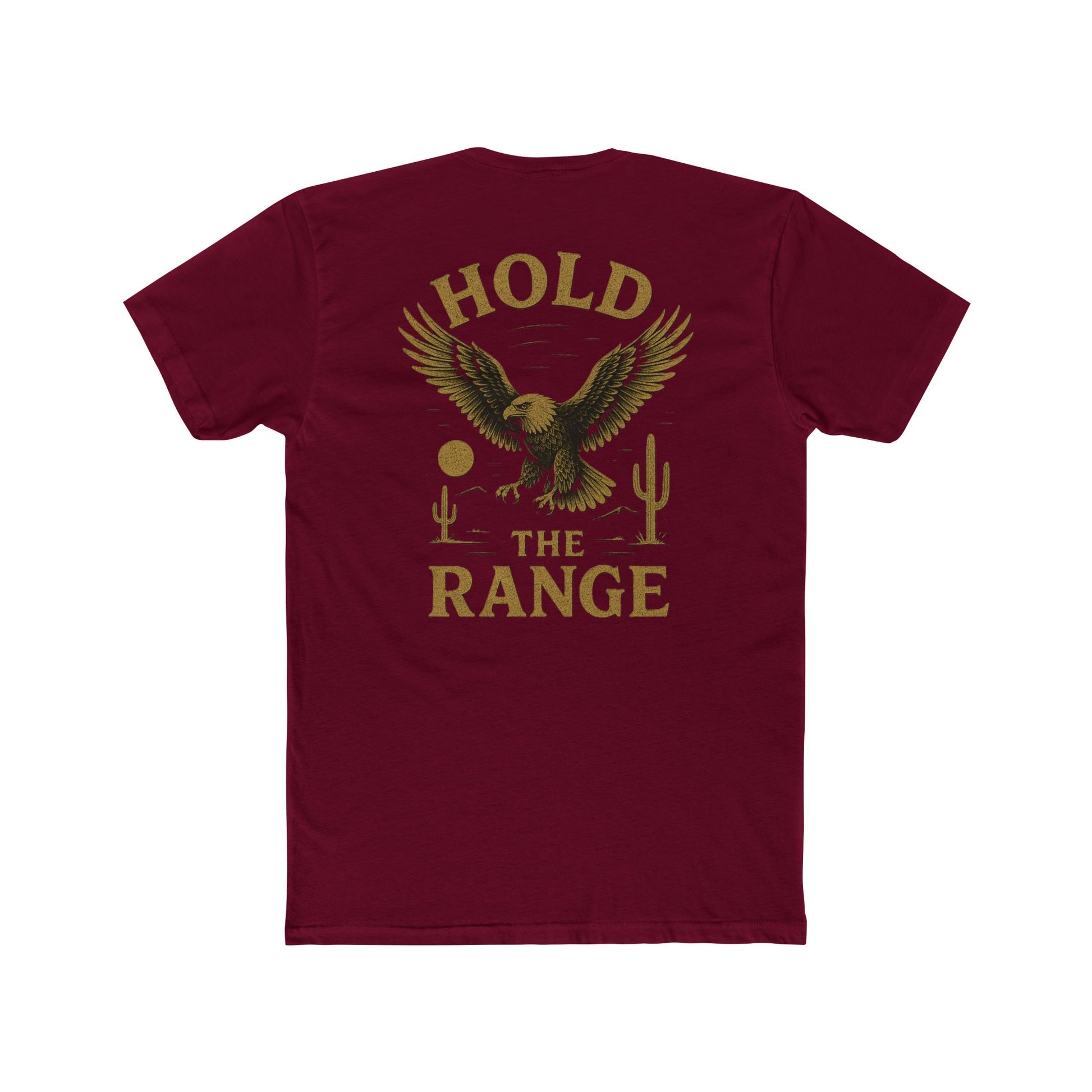 Cardinal Red t-shirt with graphic of an eagle, desert landscape, and the words hold the range #cardinalred