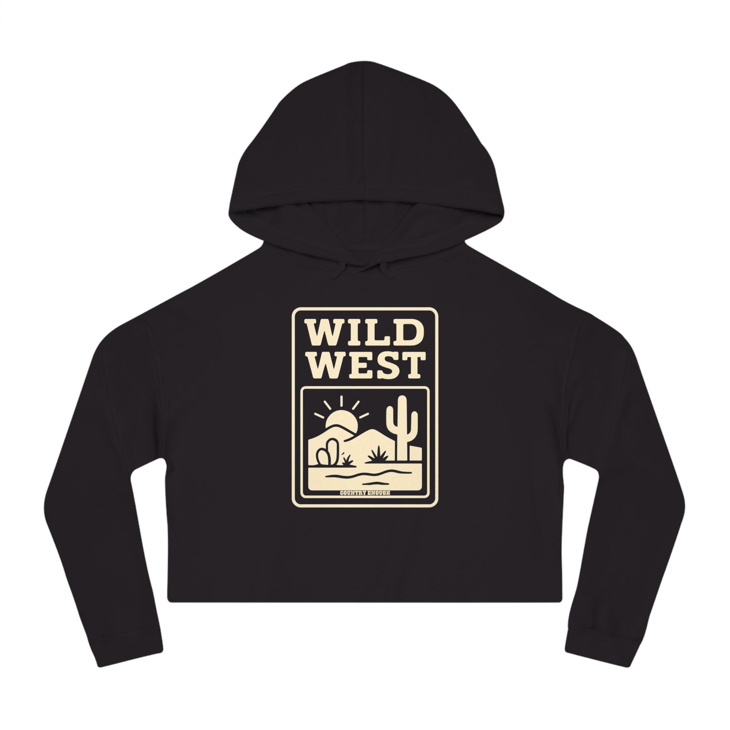 Black hoodie with sunset, desert landscape, and wild west text graphic #black